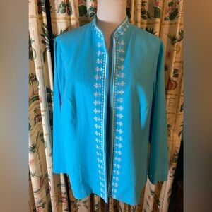 Linen & Rayon Turquoise Jacket with White Embroidery